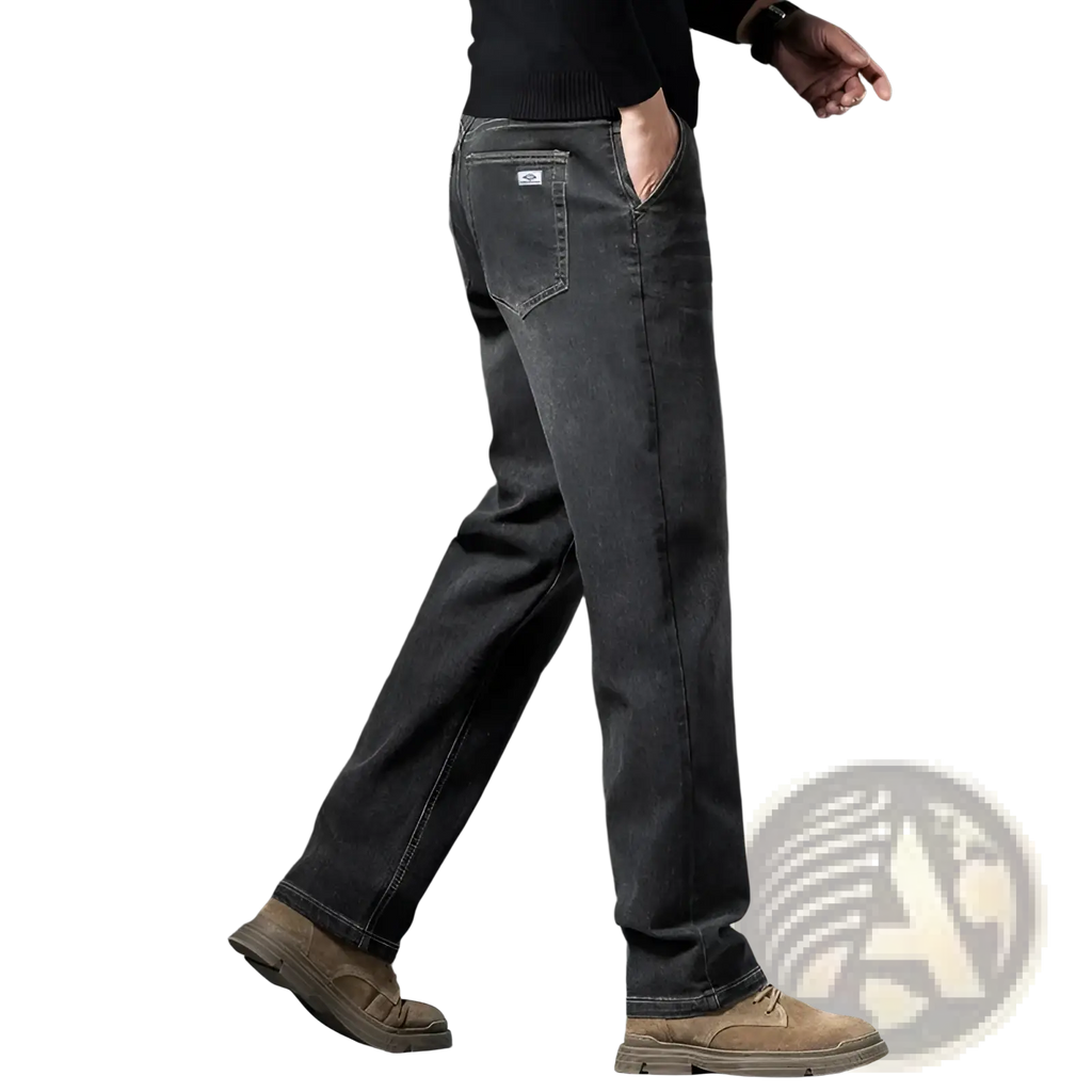 Men’s loose straight leg retro washed jeans in dark-wash denim with subtle fading and classic stitching on the back side