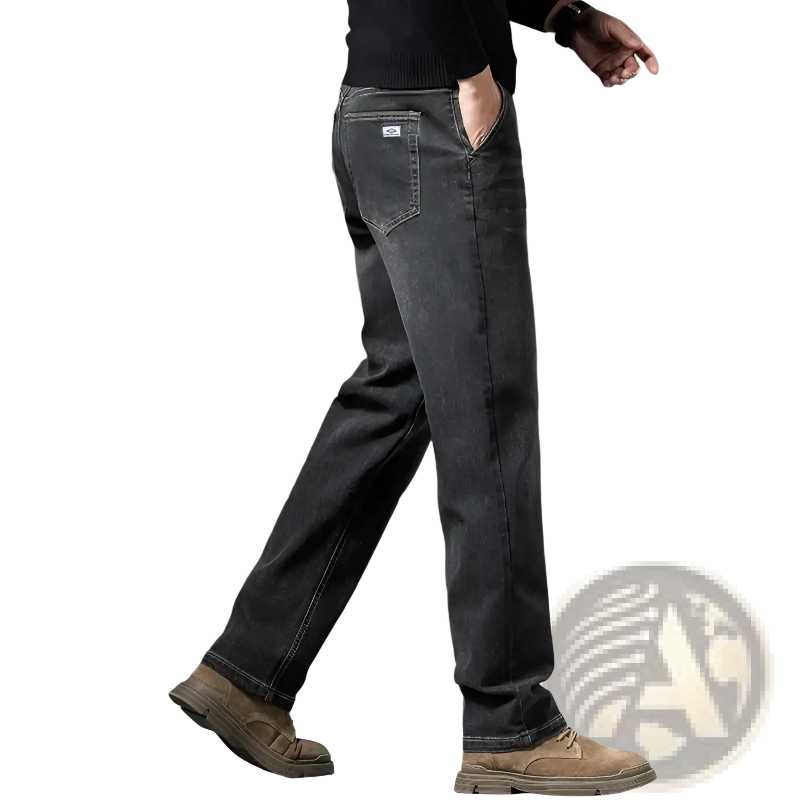 Men’s loose straight leg retro washed jeans in dark-wash denim with subtle fading and classic stitching on the back side