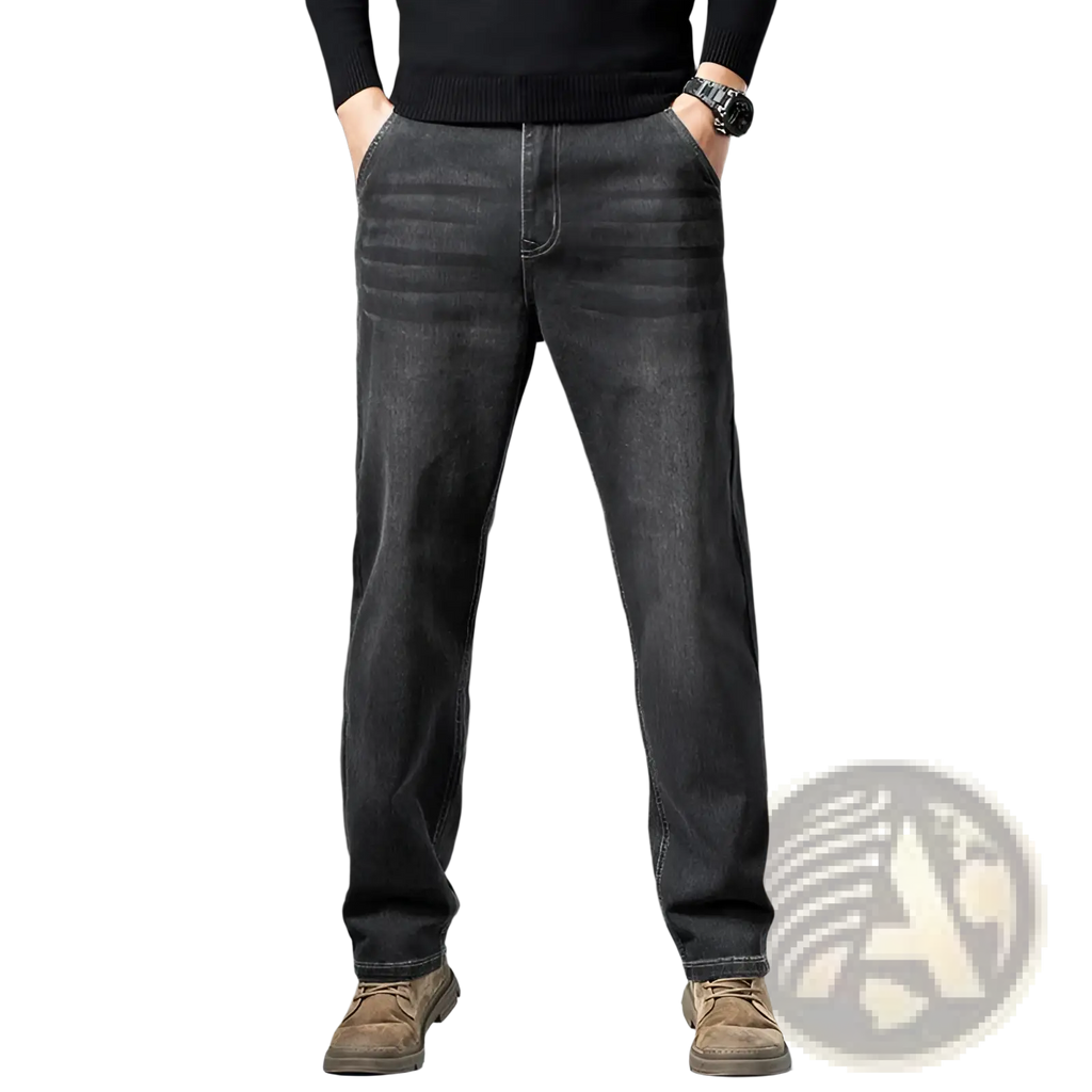 Men’s loose straight leg retro washed jeans in dark-wash denim with subtle fading and a straight-leg cut