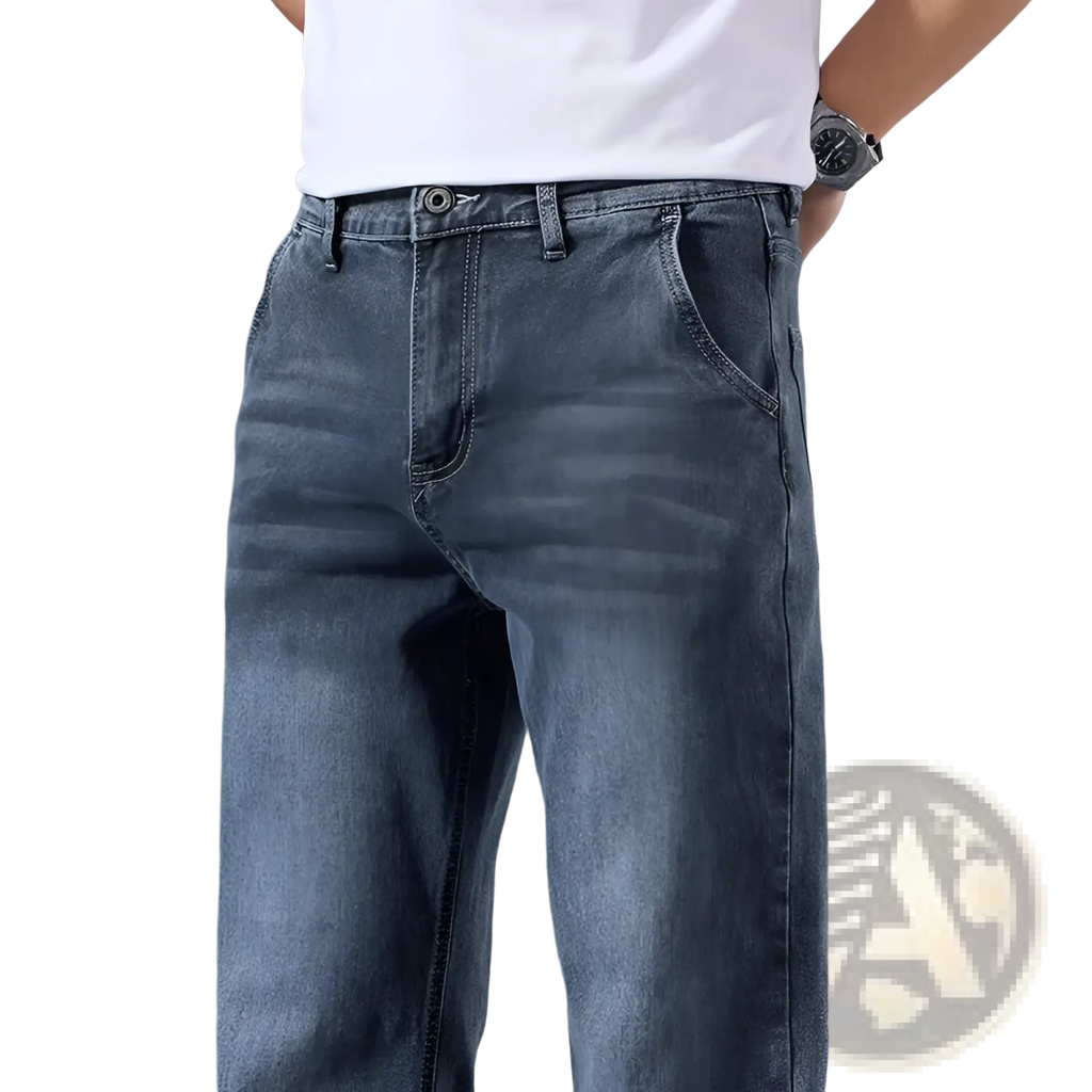 Men’s loose straight leg retro washed dark-wash denim jeans with relaxed fit and classic five-pocket design