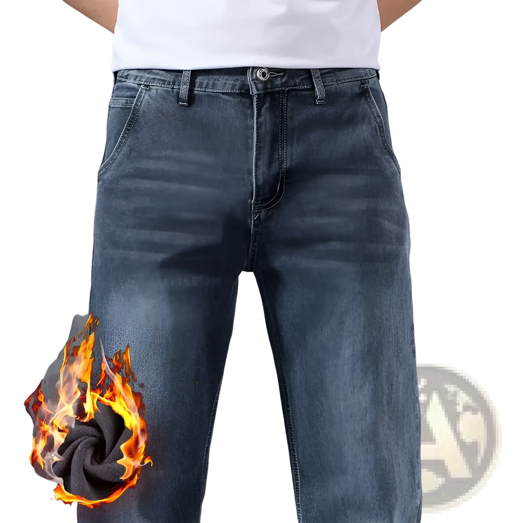 Men’s loose straight leg retro washed jeans in dark-wash denim with subtle fade and classic five-pocket design