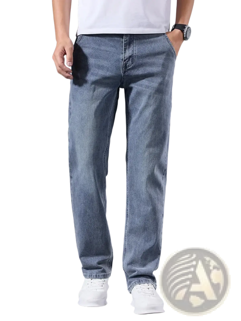 Men’s loose straight leg retro washed jeans in light-wash blue denim with classic five-pocket design and straight-leg cut