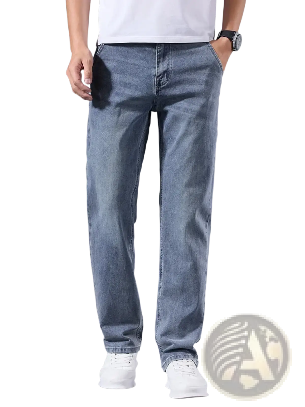 Men’s loose straight leg retro washed jeans in light-wash blue denim with classic five-pocket design and straight-leg cut