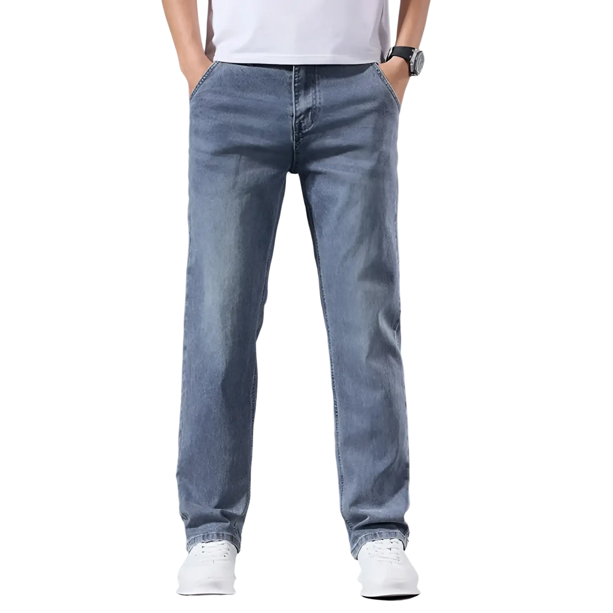 Men’s loose straight leg retro washed jeans in light-wash denim with a straight-leg cut and classic stitching
