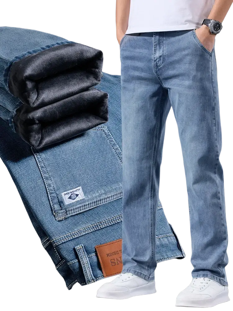 Back side of men’s loose straight leg retro washed jeans in light-wash denim with black fleece lining and brown leather patch