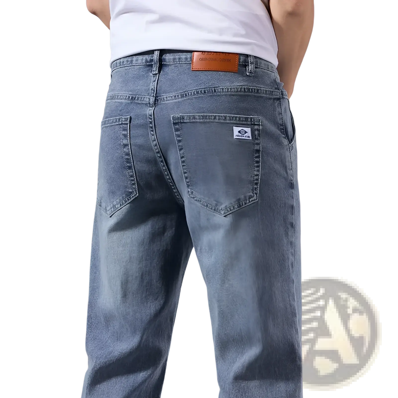 Men’s loose straight leg retro washed jeans in light wash denim with classic five-pocket design and brown leather patch