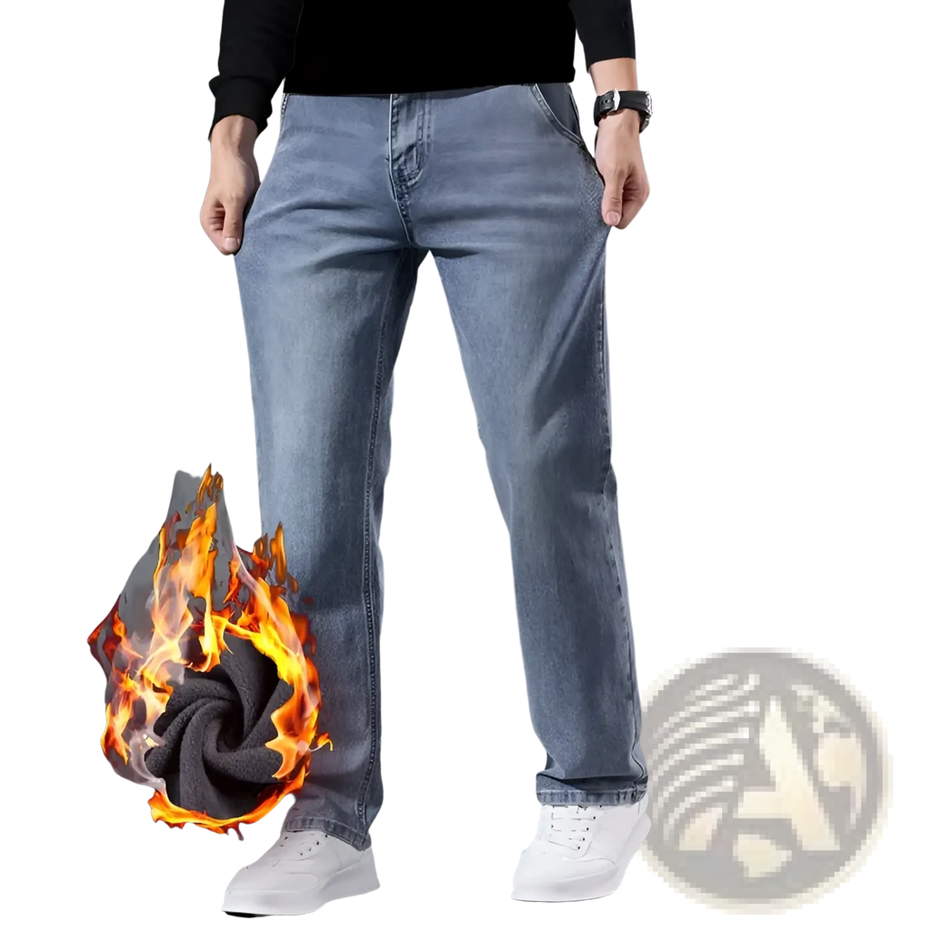 Men’s loose straight leg retro washed light-wash denim jeans with cozy dark gray fleece lining at the hem