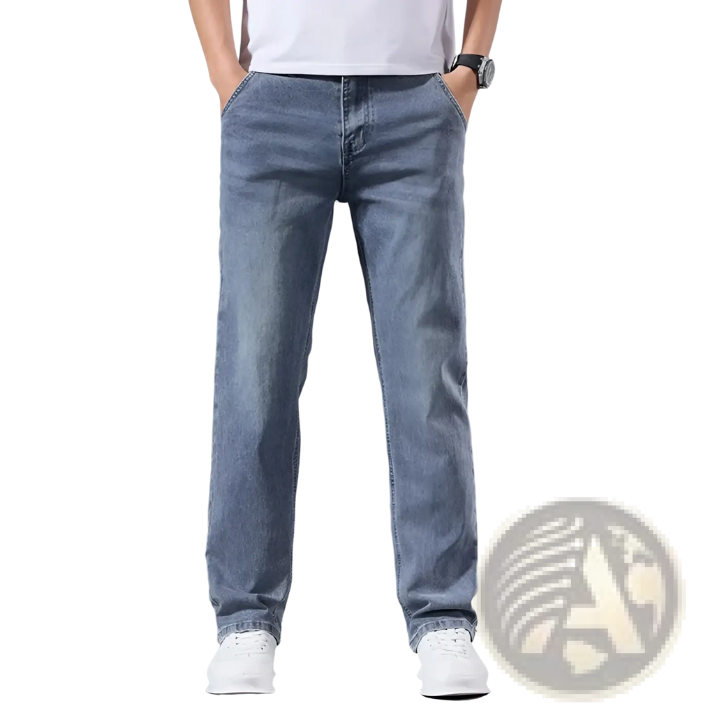 Men’s loose straight leg retro washed jeans in light-wash denim with a straight-leg cut and classic stitching