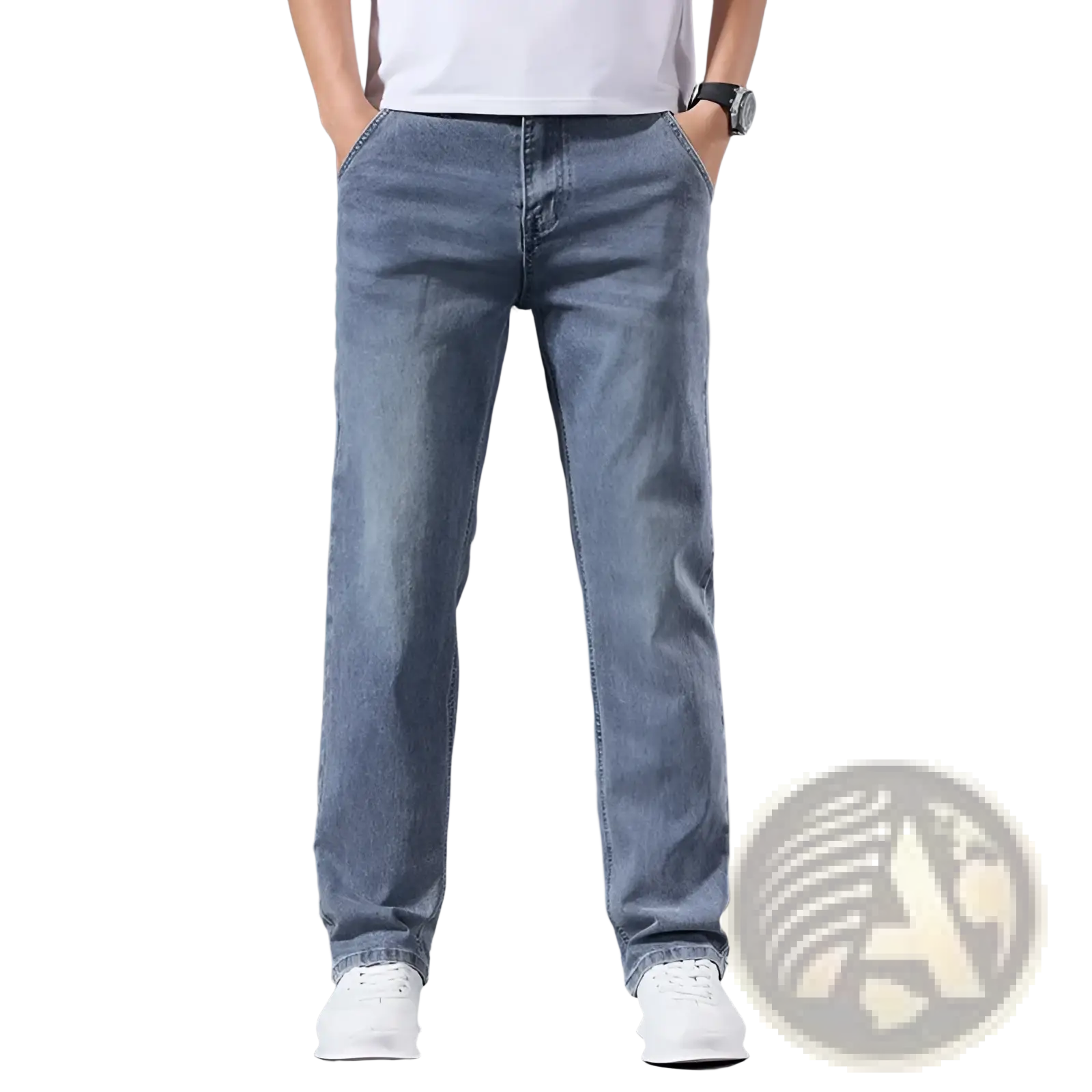 Men’s loose straight leg retro washed jeans in light-wash denim with a straight-leg cut and classic stitching