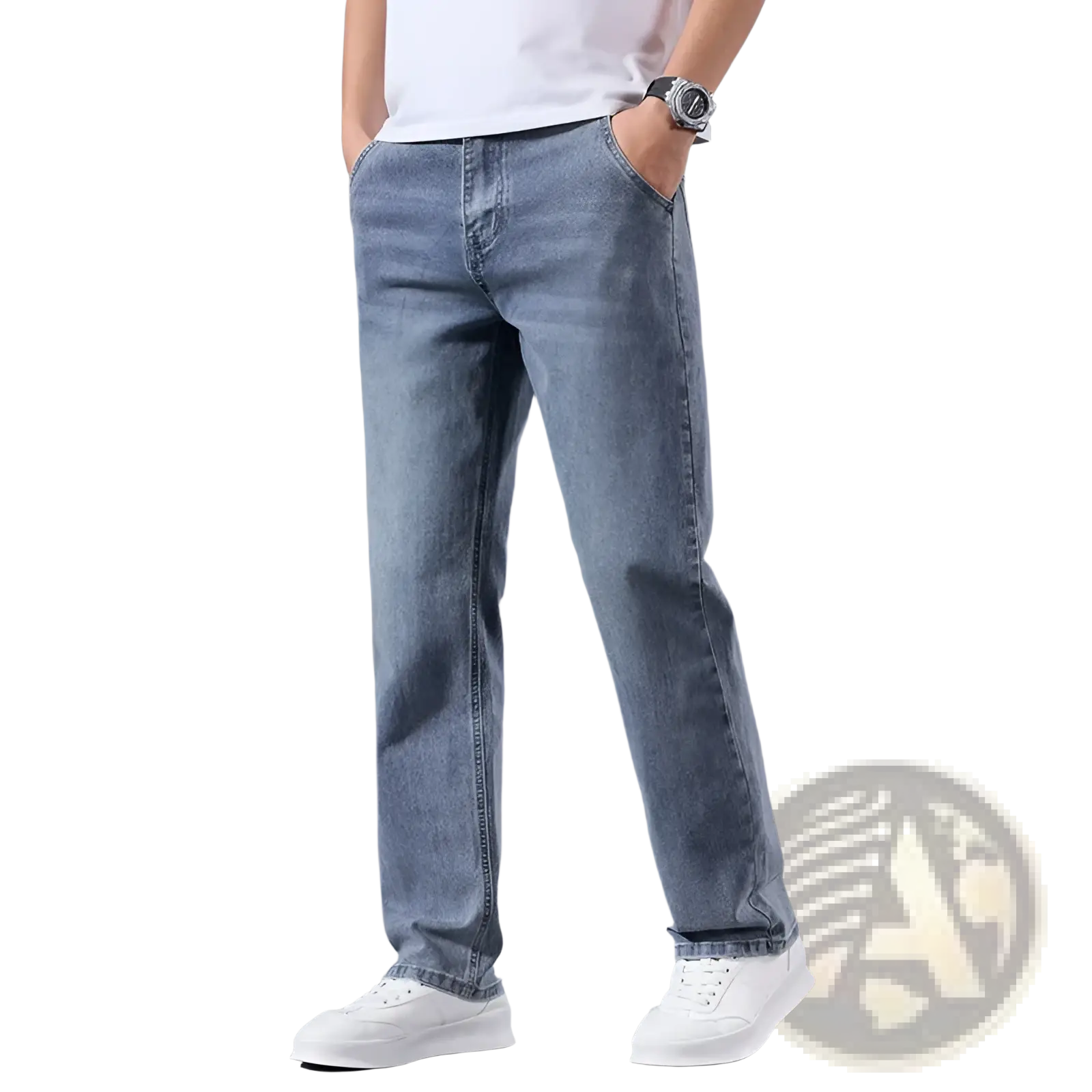 Men’s loose straight leg retro washed jeans in light-wash denim with classic stitching and a straight-leg cut