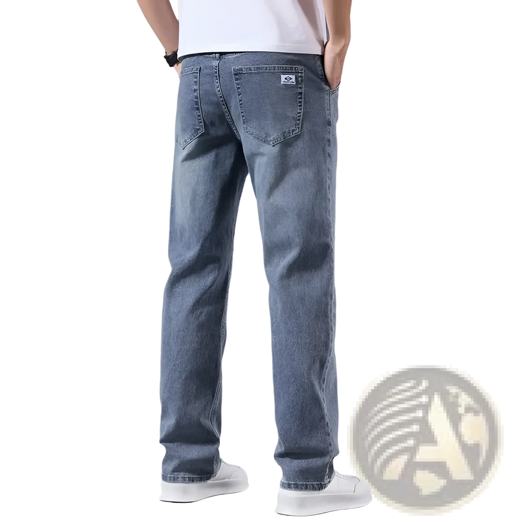 Men’s loose straight leg retro washed jeans in light-wash denim with subtle fading and a classic back pocket design shown from the back