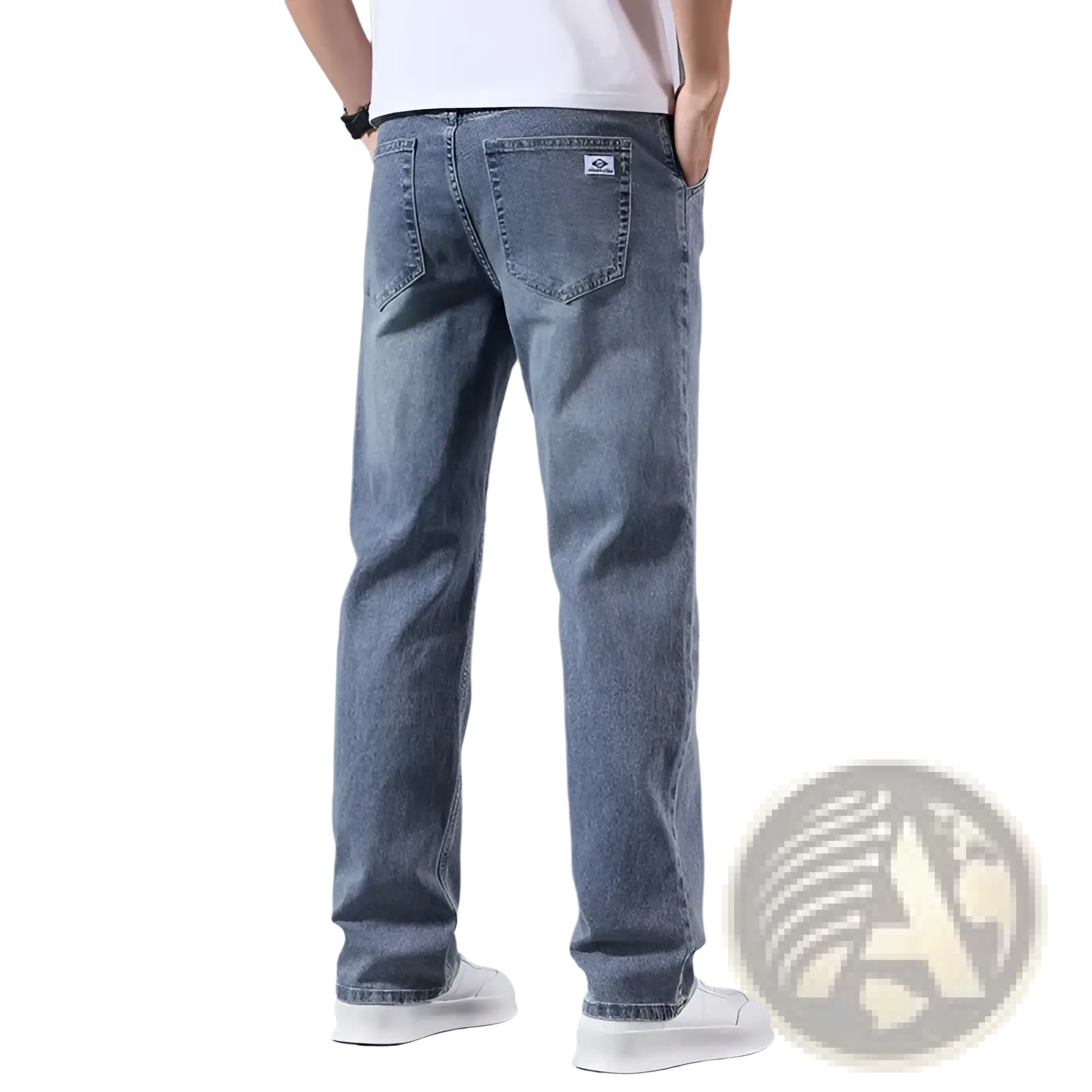 Men’s loose straight leg retro washed jeans in light-wash denim with subtle fading and a classic back pocket design shown from the back