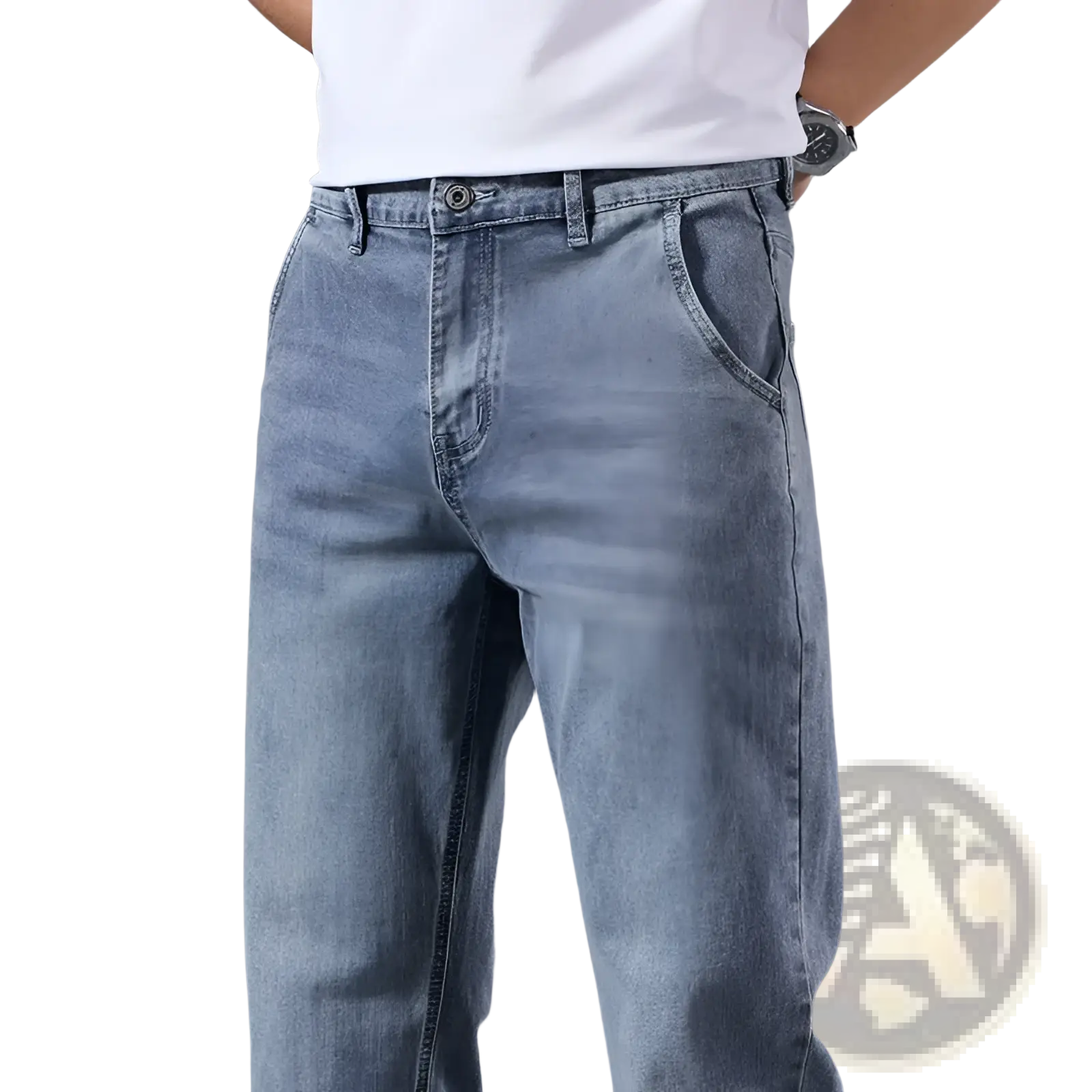 Men’s loose straight leg retro washed light-wash denim jeans with relaxed fit and classic five-pocket design