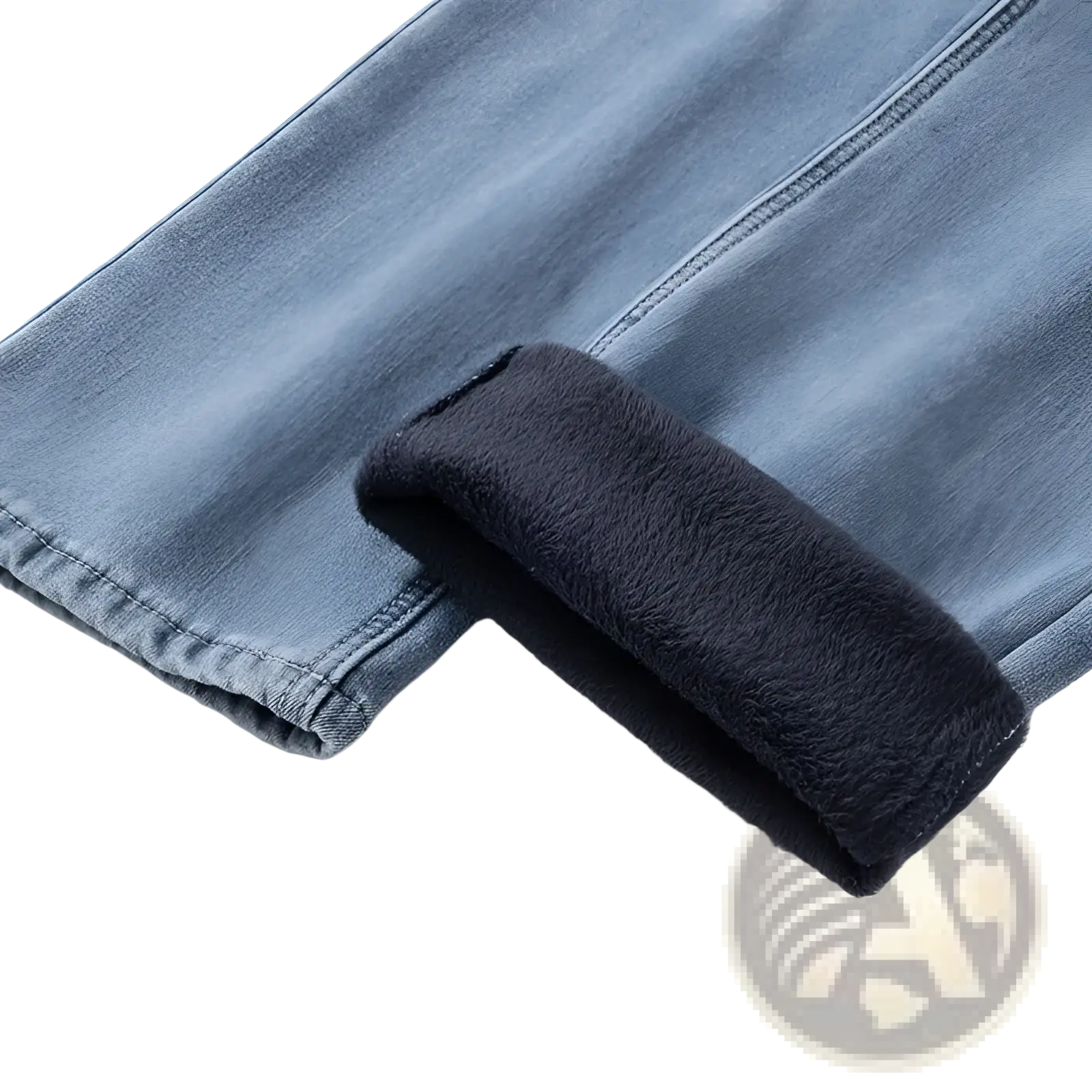 Men’s loose straight leg retro washed jeans in light-wash denim with soft dark gray fleece lining at rolled cuff
