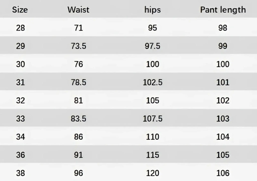 Size chart for men’s loose straight leg retro washed jeans showing waist measurements in inches from 28 to 38