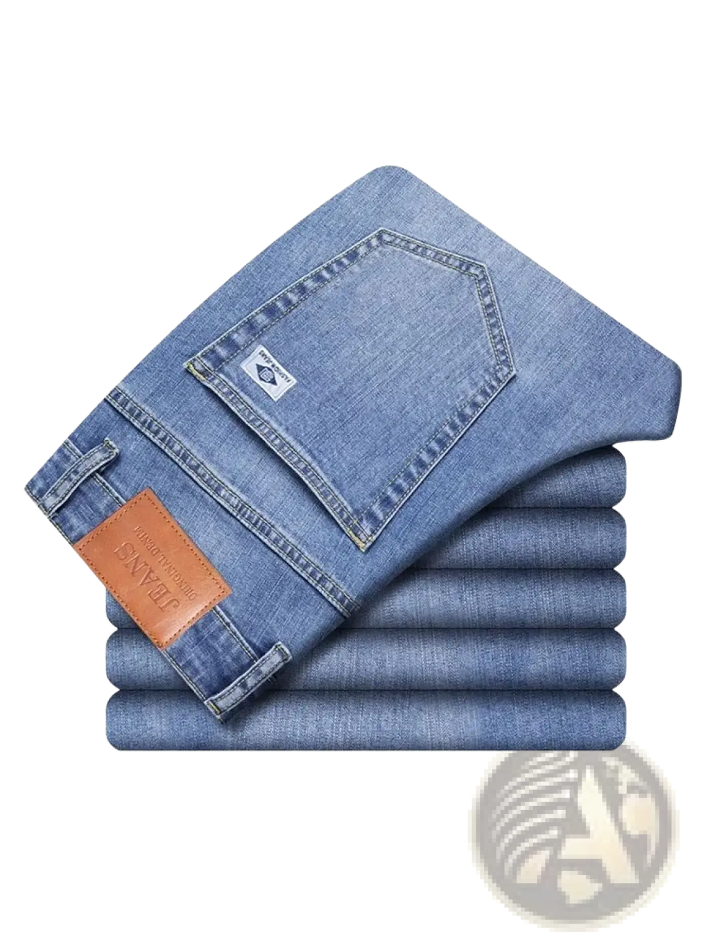 A stack of neatly folded light blue denim men’s loose straight leg retro washed jeans with brown leather patch on the waistband