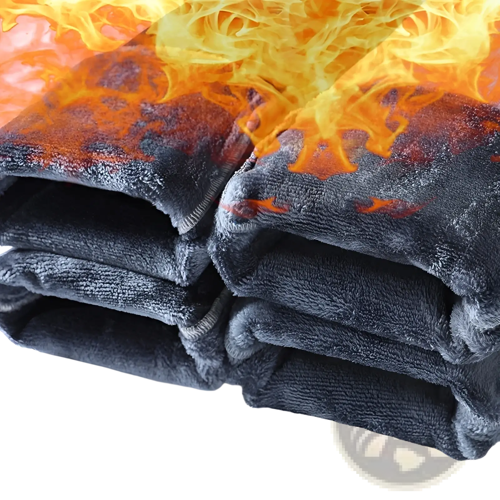 Men’s loose straight leg retro washed dark gray fleece pants with fiery orange and red flame design on outer surface