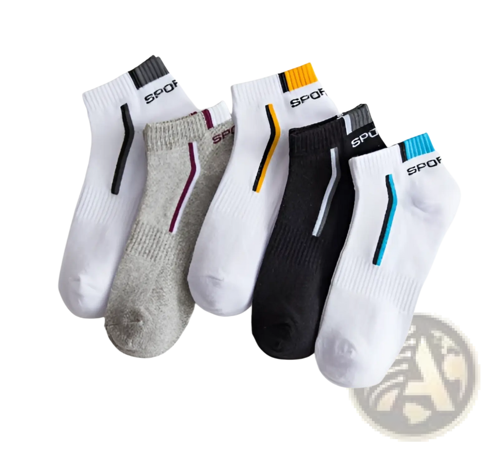 Men’s low cut athletic striped cotton socks 5 pack in white, gray, black, and navy with contrasting stripes and spor logo