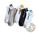 Men’s low cut athletic striped cotton socks 5 pack in white, gray, black, and navy with contrasting stripes and spor logo