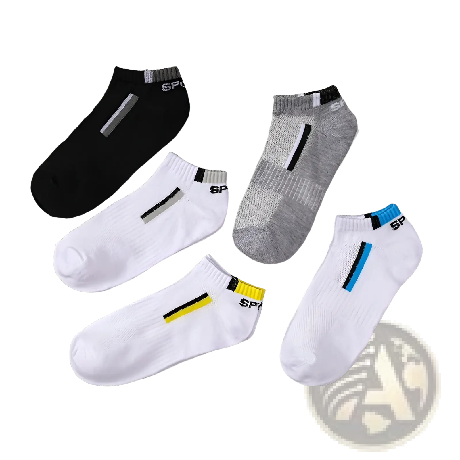 Men’s low cut athletic cotton socks 5 pack in black gray white and yellow with striped accents and sp branding