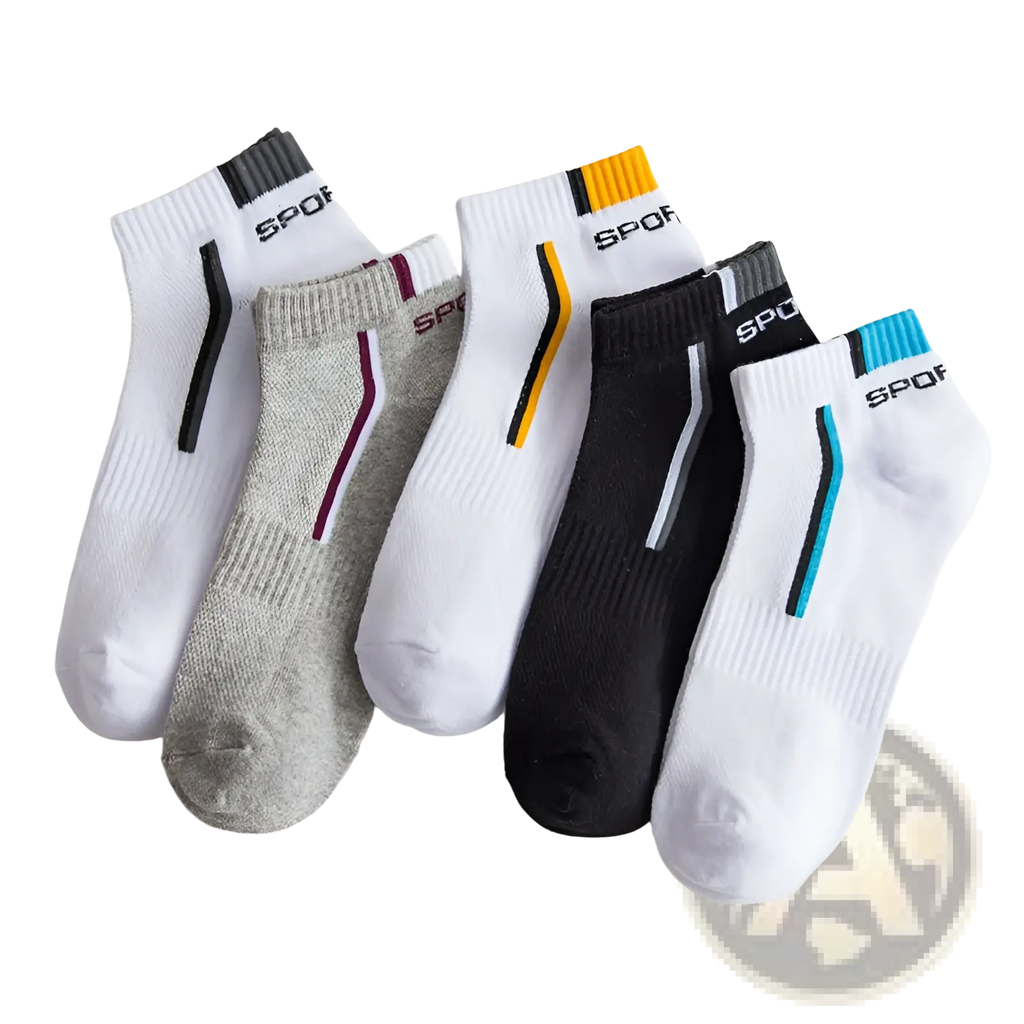 A set of five men’s low cut athletic cotton socks in white gray and black with colorful striped accents on the sides