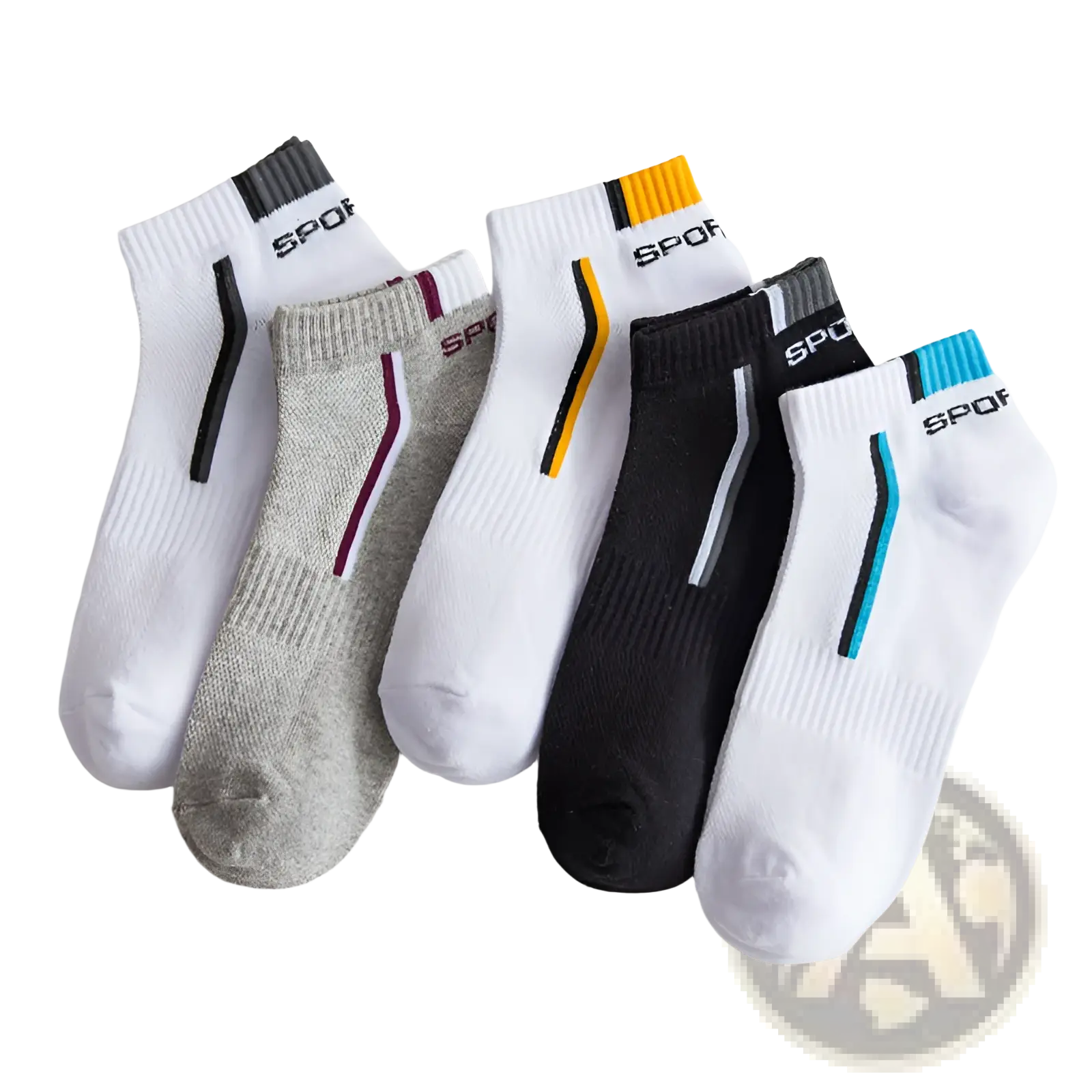 A set of five men’s low cut athletic cotton socks in white gray and black with colorful striped accents on the sides