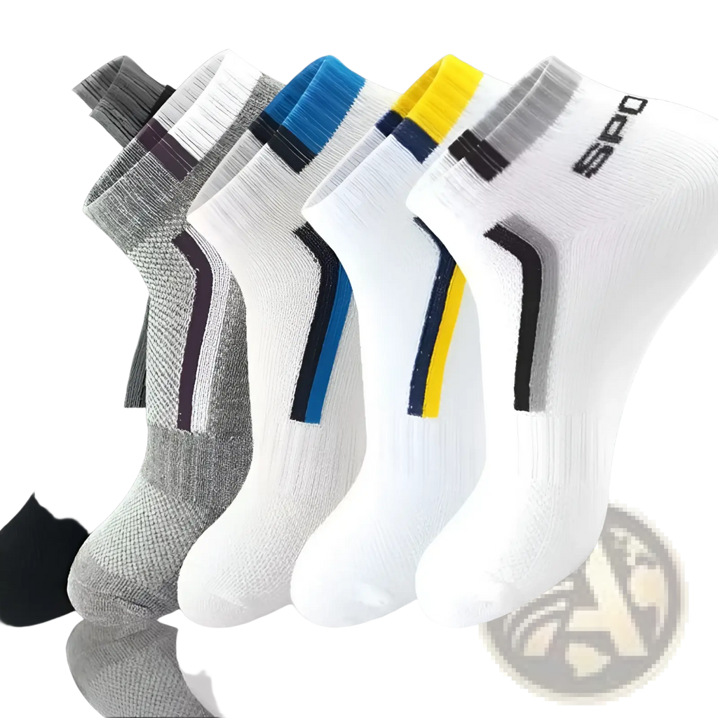 Men’s low cut white cotton athletic socks with black and colored stripe accents ribbed cuff and spo branding