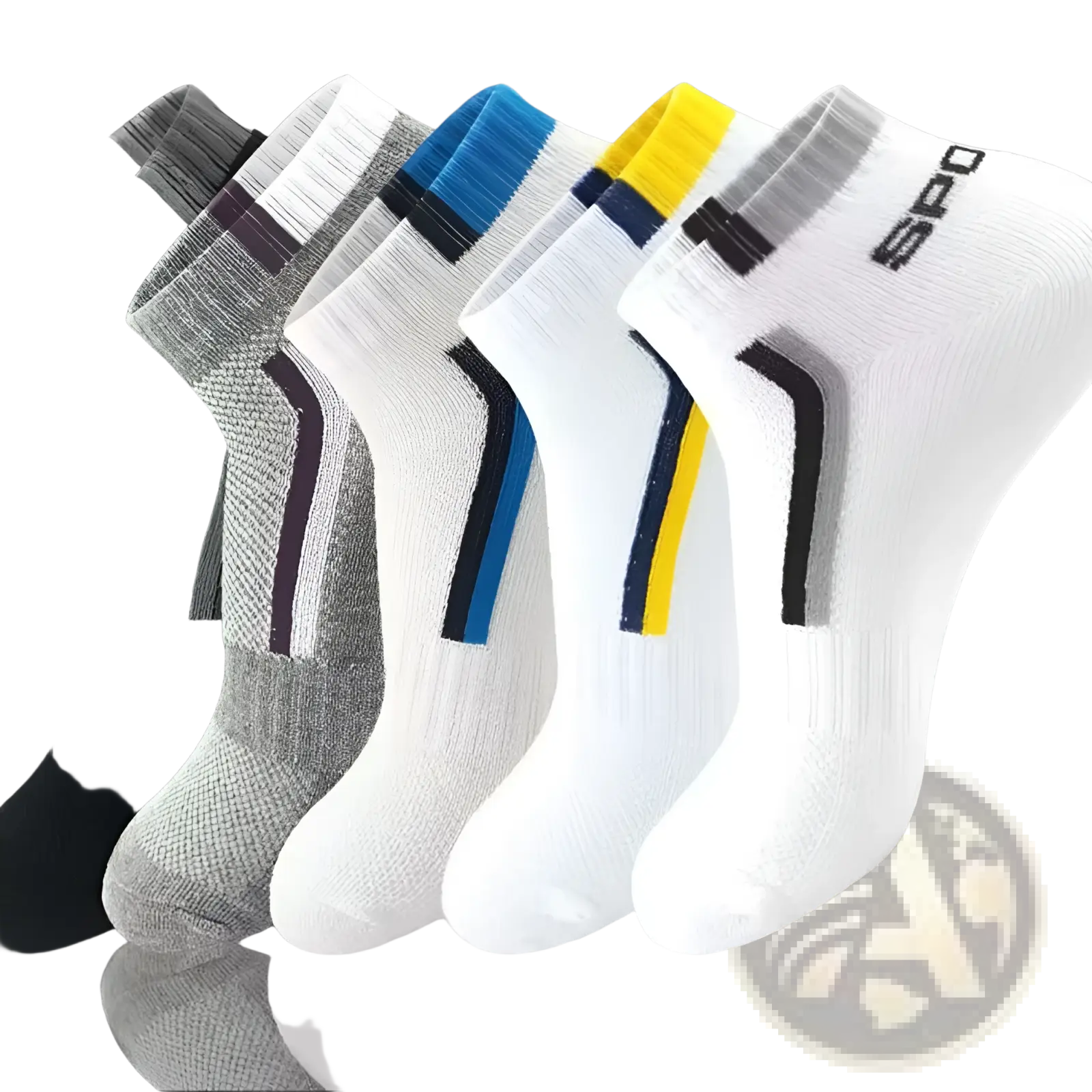 Men’s low cut white cotton athletic socks with black and colored stripe accents ribbed cuff and spo branding