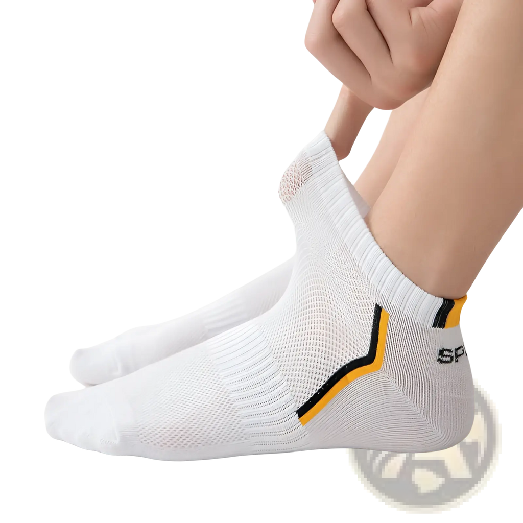 Men’s low cut athletic cotton socks in white with yellow and black stripes and ribbed cuff shown from the front view