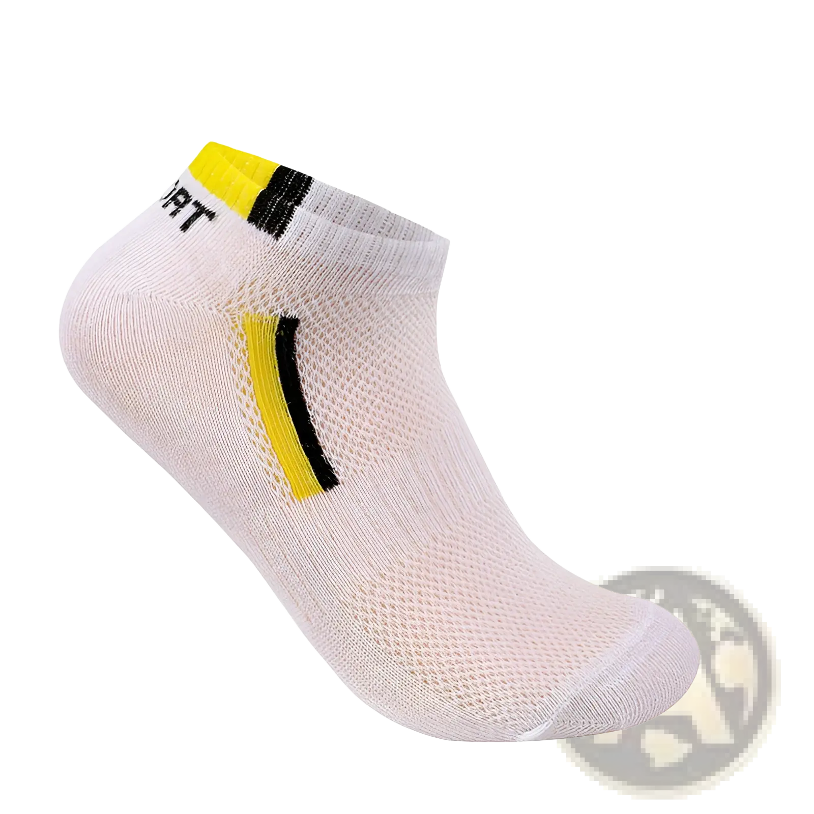 Men’s low cut athletic striped cotton sock in white with yellow and black stripes and breathable mesh design