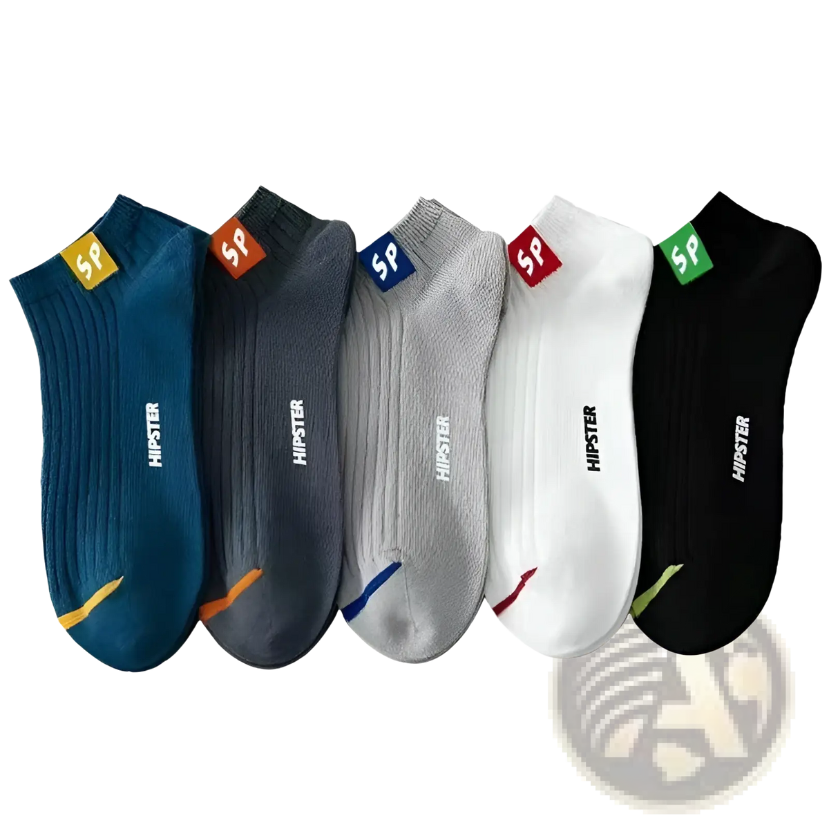 A set of five men’s low cut athletic cotton socks in blue gray silver white and black with ribbed texture and hipster branding