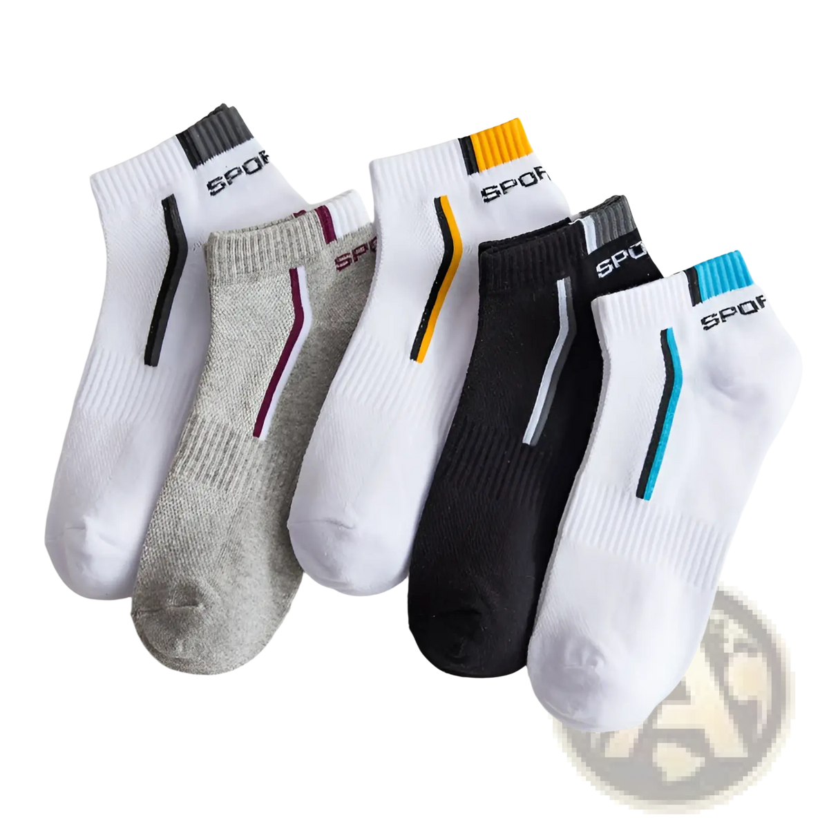 A set of men’s low cut athletic cotton socks in white gray and black with colorful stripes and spor branding on the cuff