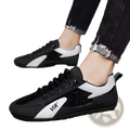Men’s low top quilted athletic sneakers in black and white with textured crocodile-patterned panel and vir logo on side