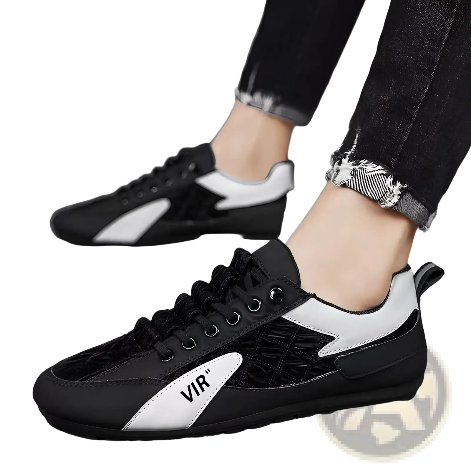 Men’s low top quilted athletic sneakers in black and white with textured crocodile-patterned panel and vir logo on side
