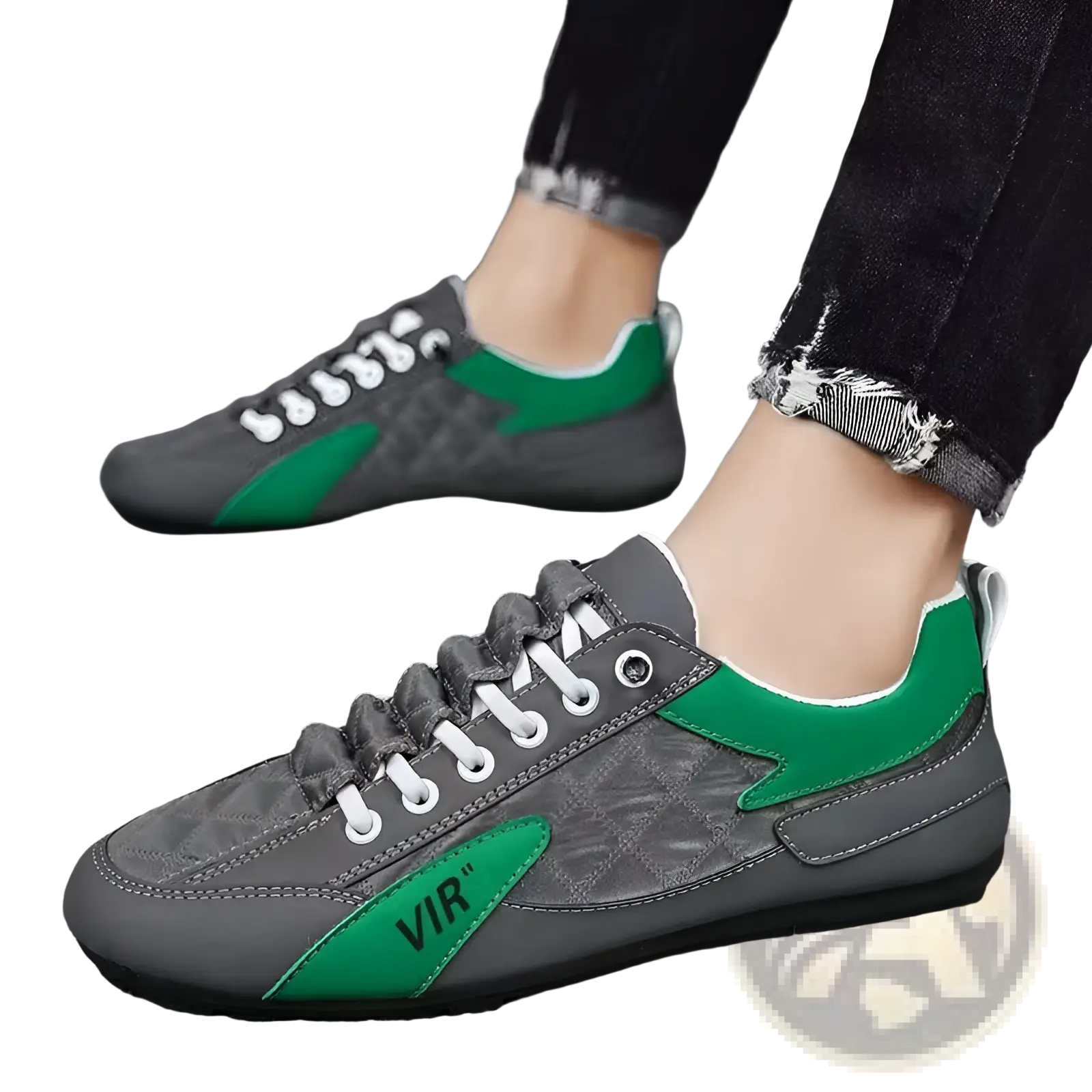 Men’s low top quilted athletic fashion sneakers in gray and green with white laces and vir logo on the side