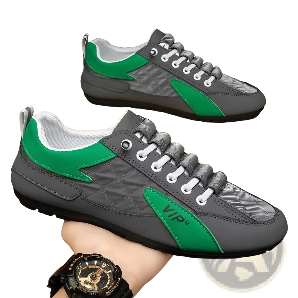 Men’s low top quilted athletic fashion sneakers in gray and green with quilted panels white laces and vip logo