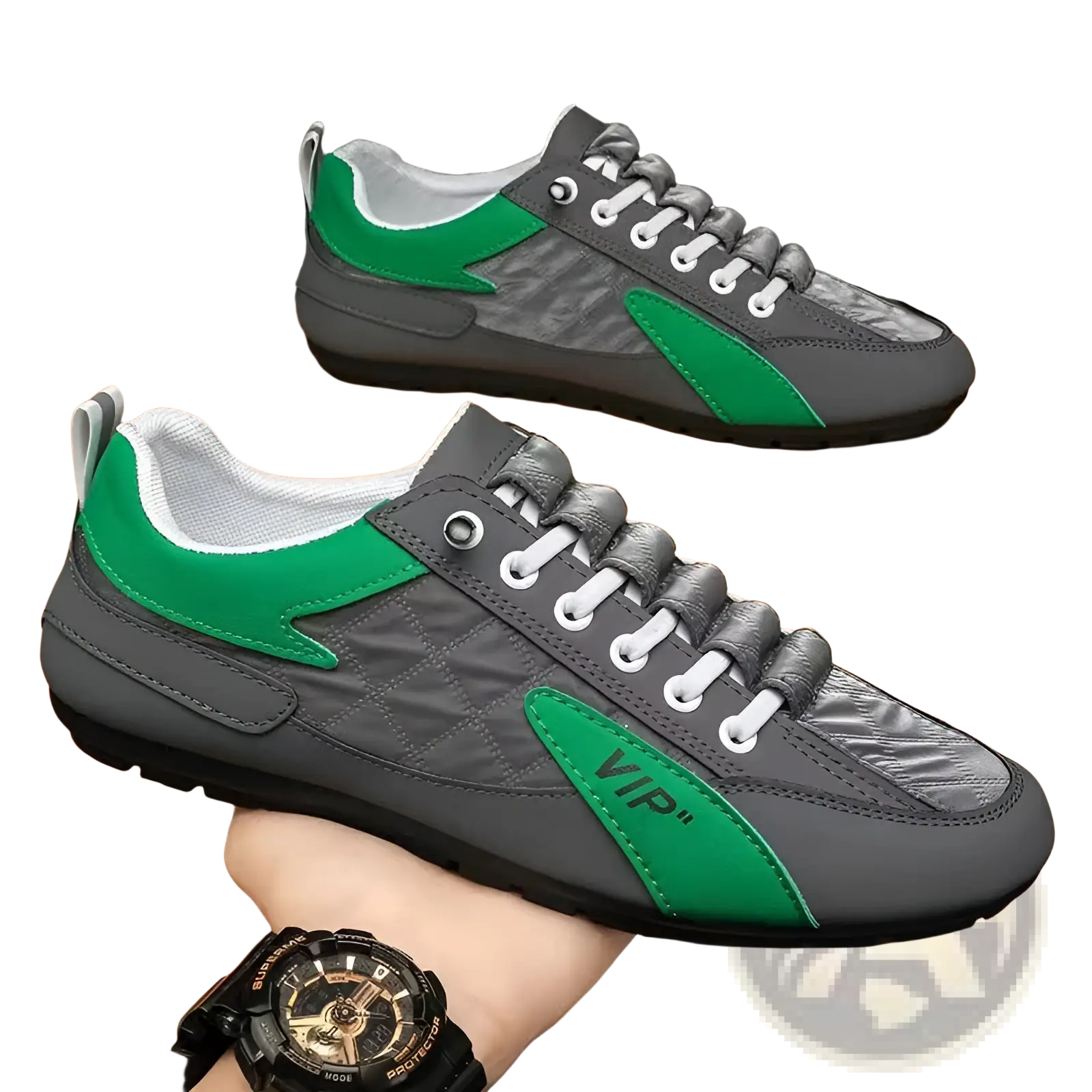Men’s low top quilted athletic fashion sneakers in gray and green with quilted panels white laces and vip logo