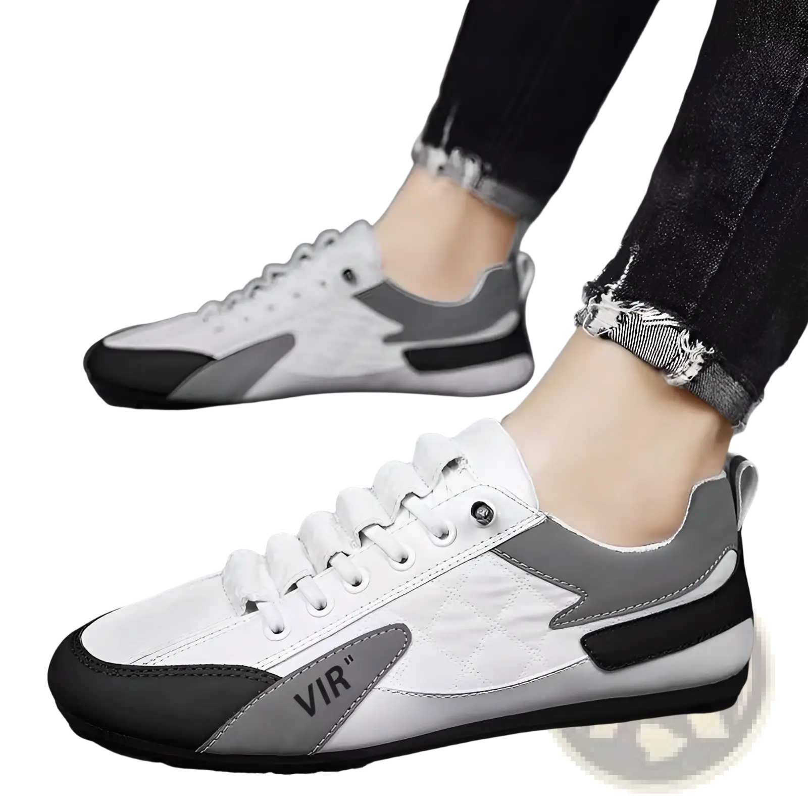 Men’s low top athletic sneakers in white and gray with black accents featuring a quilted side panel design