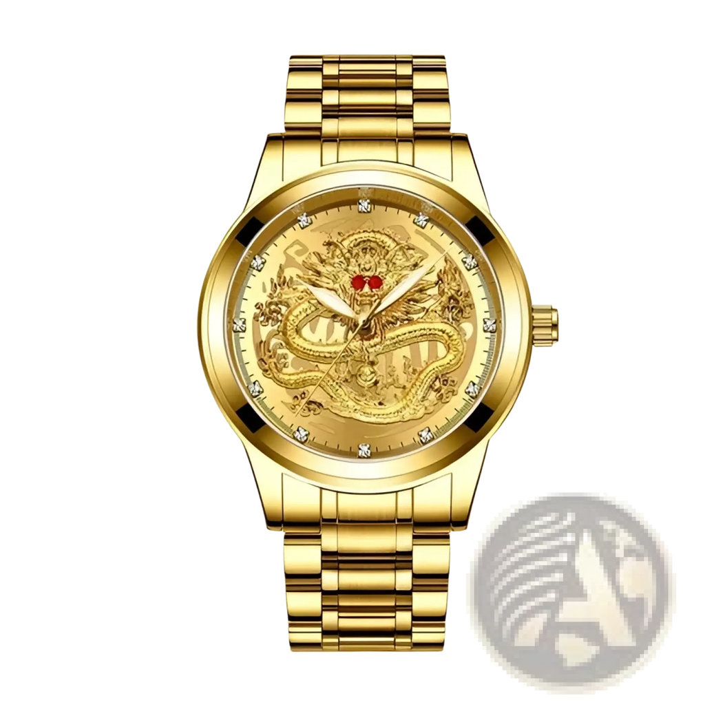 Men’s luxury 18k gold dragon diamond quartz watch with gold-toned stainless steel bracelet and engraved dragon face