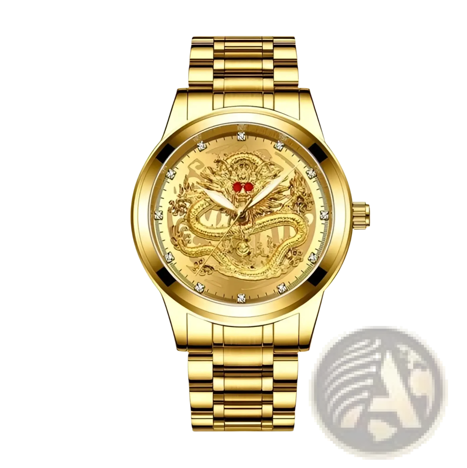 Men’s luxury 18k gold dragon diamond quartz watch with gold-toned stainless steel bracelet and engraved dragon face