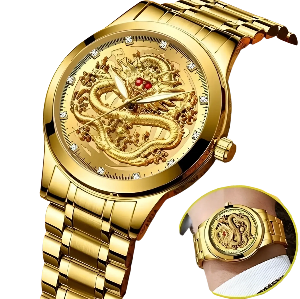 Men’s luxury 18k gold dragon diamond quartz watch with intricate 3d engraving and polished metal bracelet