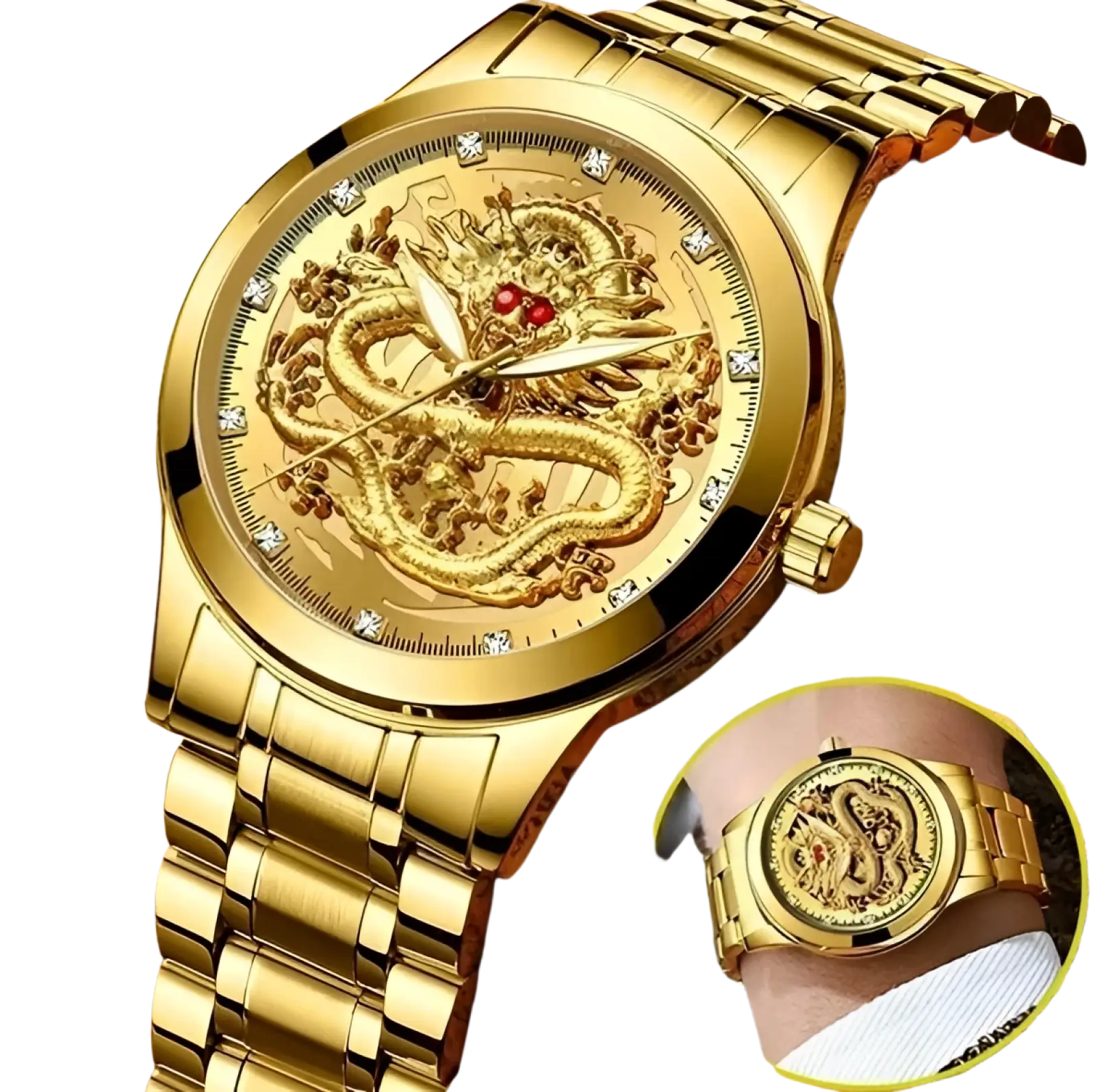 Men’s luxury 18k gold dragon diamond quartz watch with intricate 3d engraving and polished metal bracelet