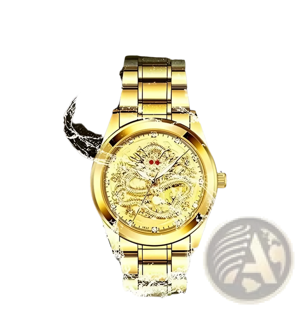 Men’s luxury 18k gold dragon diamond quartz watch with a metallic bracelet and intricate engraved dragon dial design