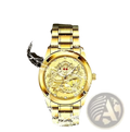 Men’s luxury 18k gold dragon diamond quartz watch with a metallic bracelet and intricate engraved dragon dial design
