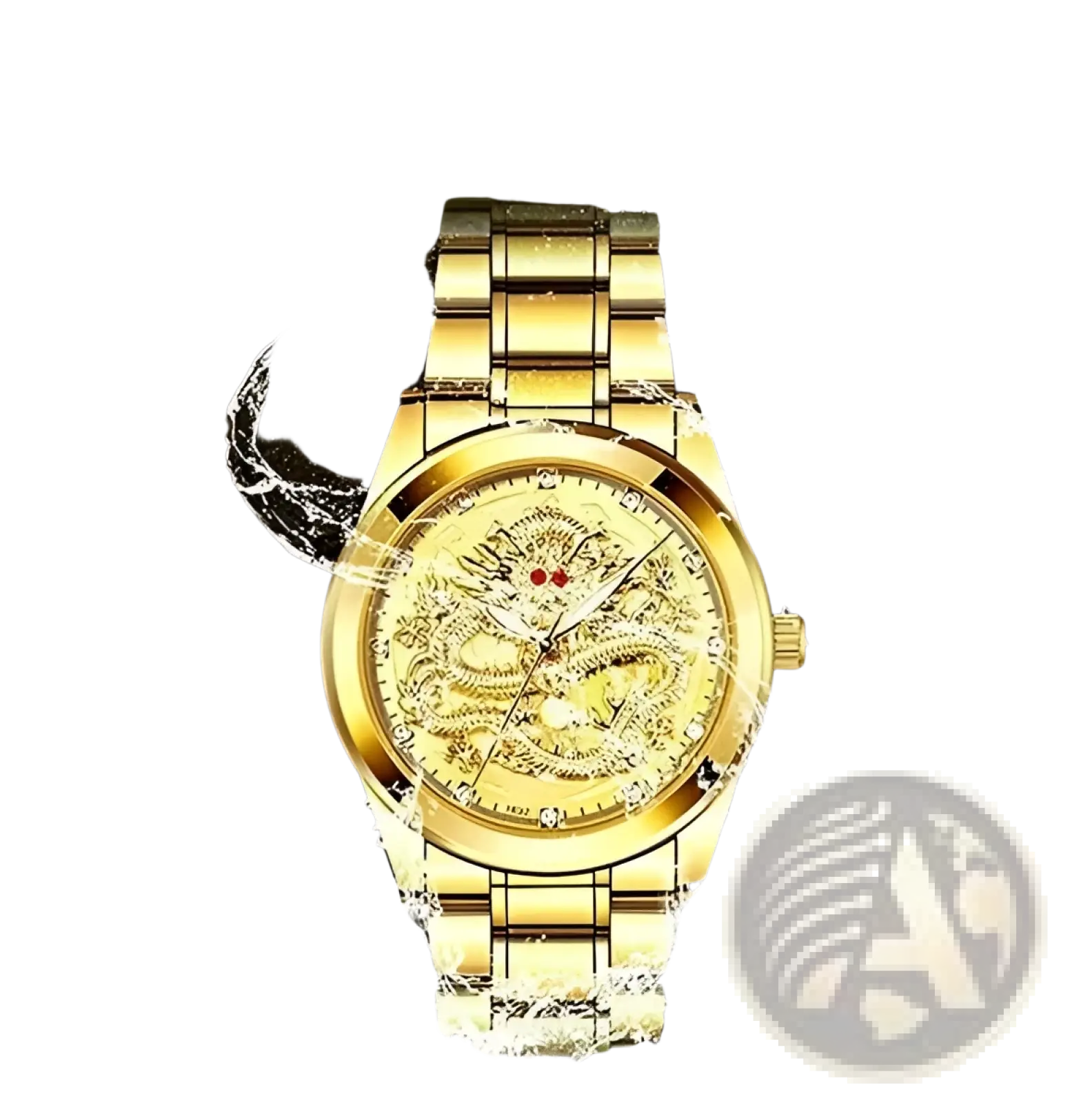 Men’s luxury 18k gold dragon diamond quartz watch with a metallic bracelet and intricate engraved dragon dial design