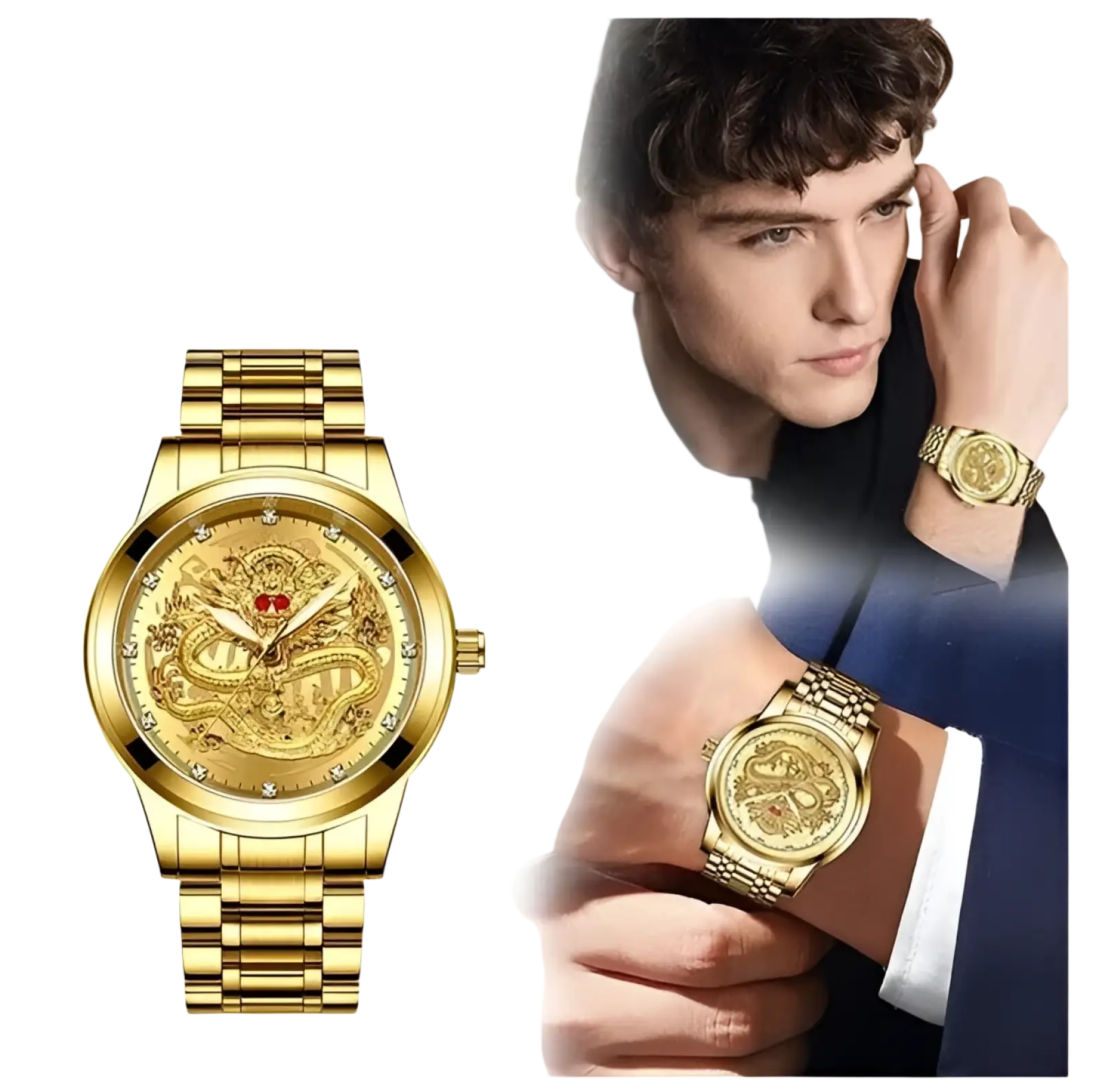 Men’s luxury 18k gold dragon diamond quartz watch with golden diamond-encrusted dragon design and metallic bracelet
