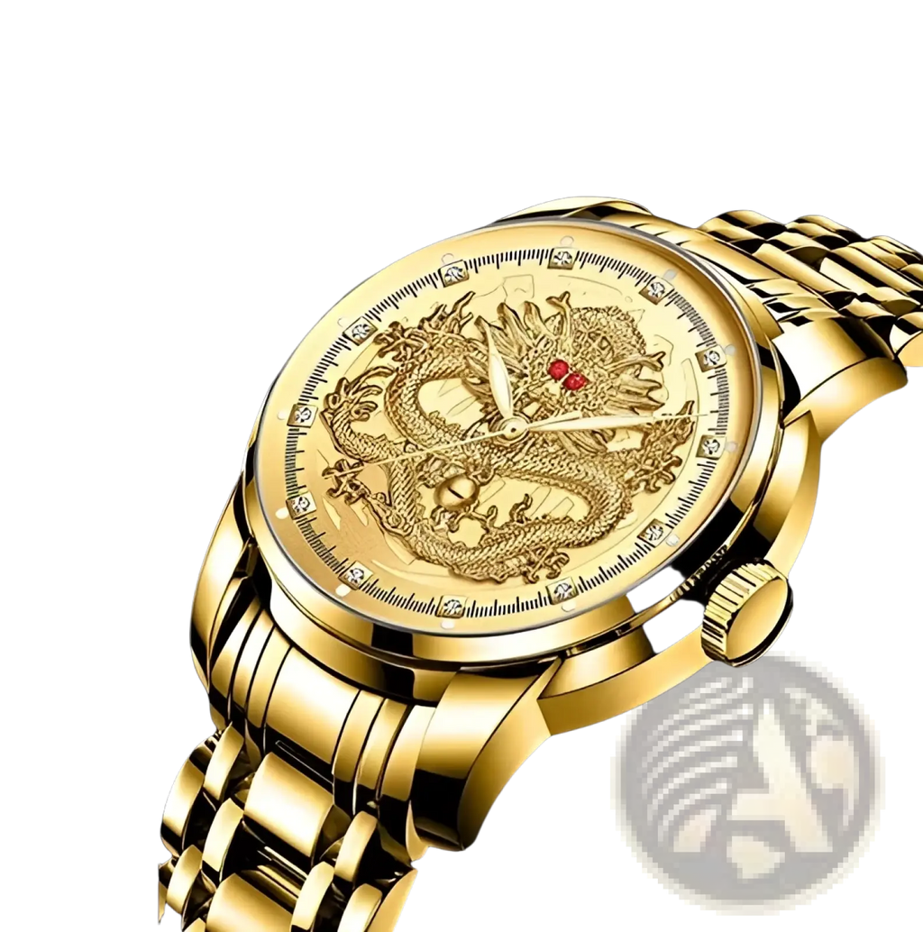 Men’s luxury 18k gold quartz watch with a 3d flying dragon dial, diamonds, and red gemstone eyes