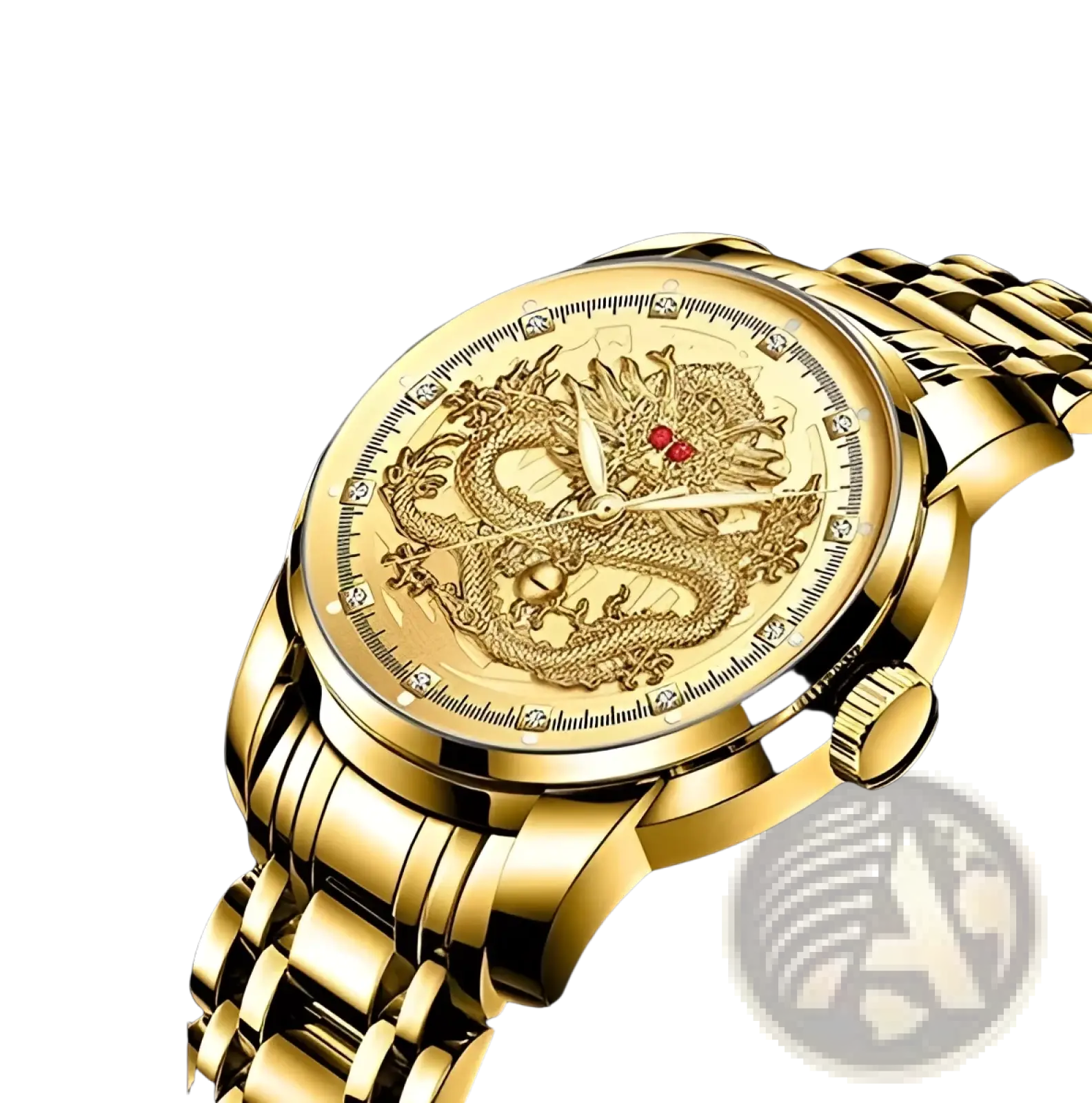 Men’s luxury 18k gold quartz watch with a 3d flying dragon dial, diamonds, and red gemstone eyes