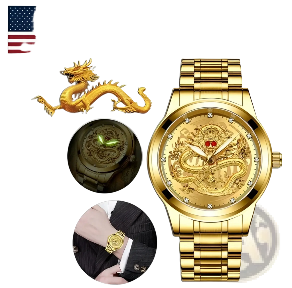 Men’s luxury 18k gold dragon diamond quartz watch with stainless steel band and intricate engraved dragon design on face