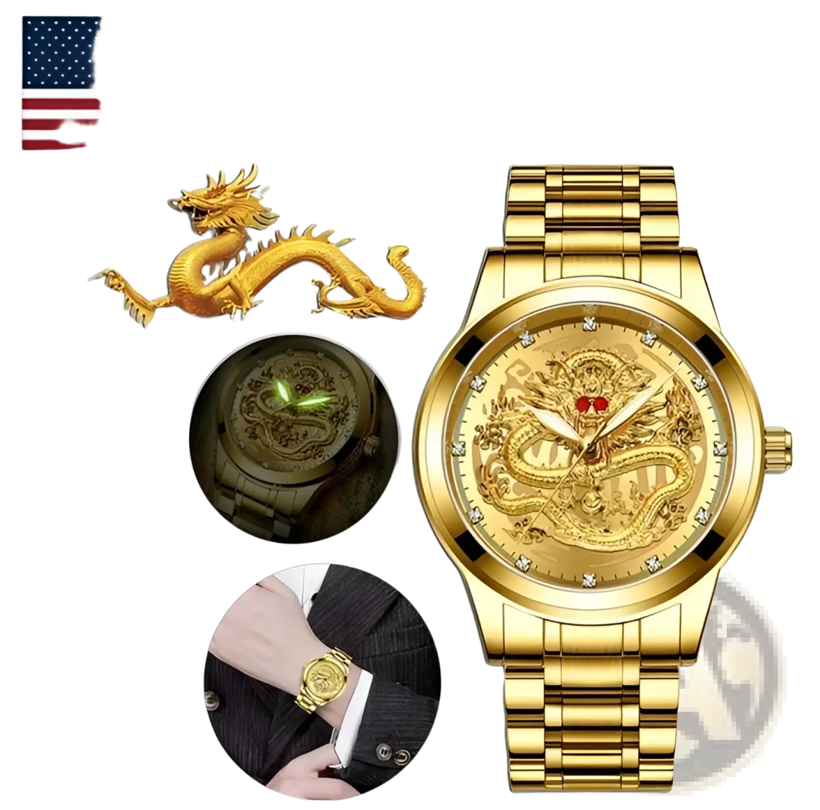 Men’s luxury 18k gold dragon diamond quartz watch with stainless steel band and intricate engraved dragon design on face